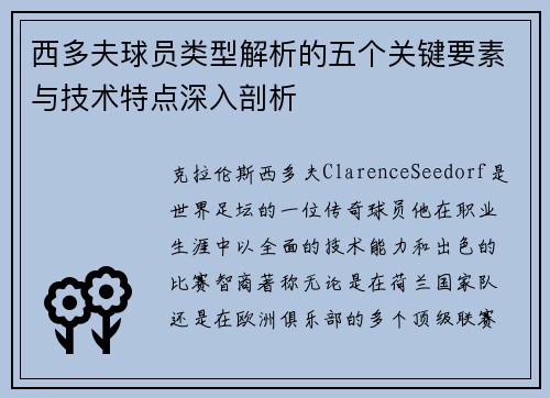 西多夫球员类型解析的五个关键要素与技术特点深入剖析