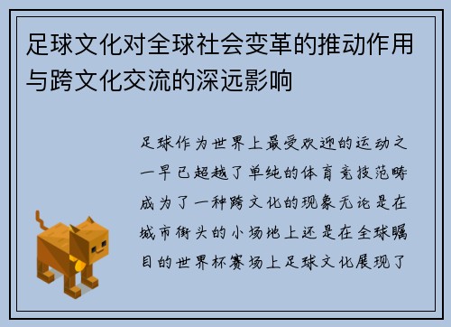 足球文化对全球社会变革的推动作用与跨文化交流的深远影响